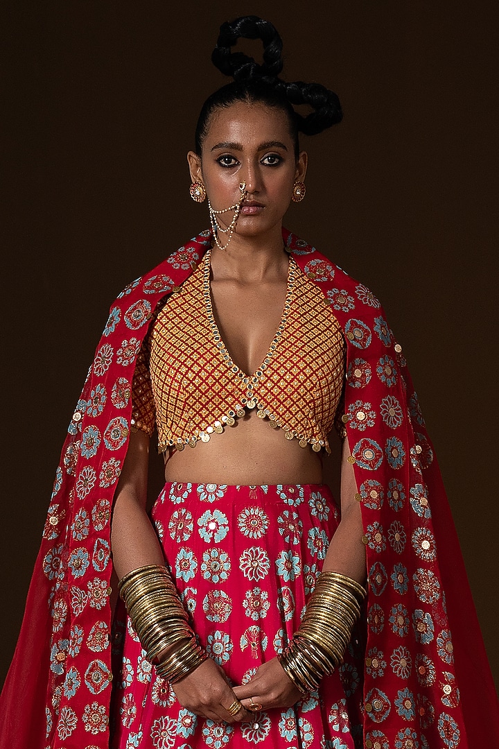 Fuchsia & Red Ombre Summer Silk Printed Wedding Lehenga Set by POOJA RAJGARHIA GUPTA at Pernia's Pop Up Shop