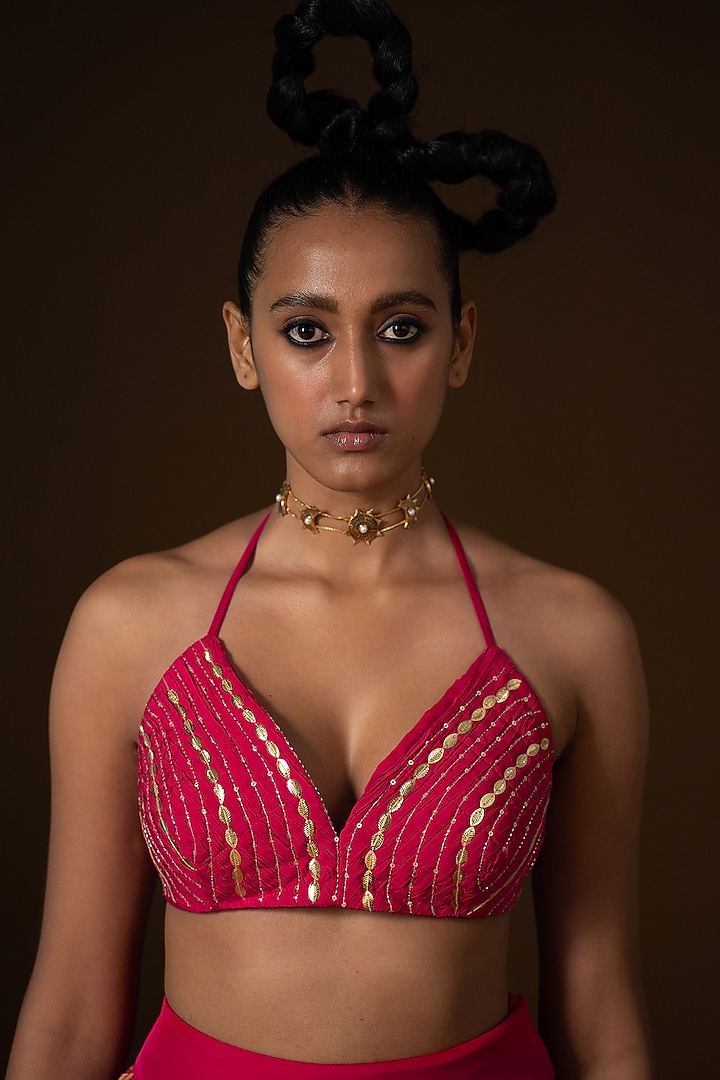 Fuchsia Flat Chiffon Printed Wedding Lehenga Set by POOJA RAJGARHIA GUPTA at Pernia's Pop Up Shop