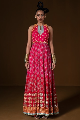 Fuchsia & Red Ombre Summer Silk Printed Jumpsuit by POOJA RAJGARHIA GUPTA
