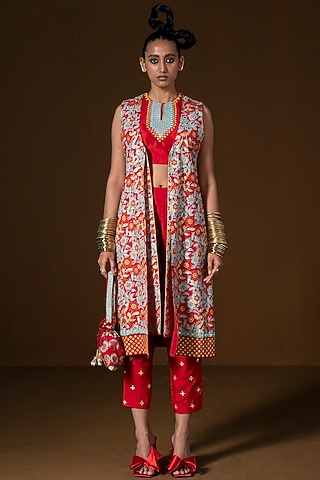 Red Summer Silk Embroidered Jacket Set by POOJA RAJGARHIA GUPTA
