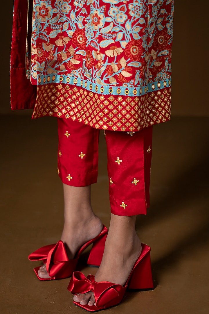 Red Summer Silk Embroidered Jacket Set by POOJA RAJGARHIA GUPTA at Pernia's Pop Up Shop
