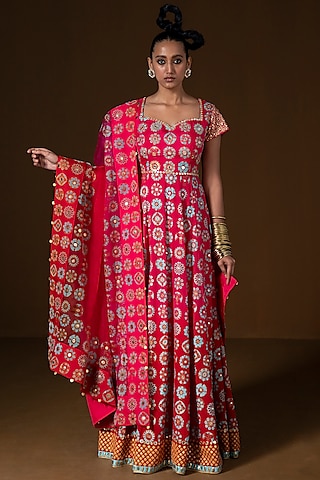Fuchsia & Red Ombre Summer Silk Printed Anarkali Set by POOJA RAJGARHIA GUPTA