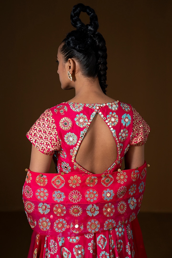 Fuchsia & Red Ombre Summer Silk Printed Wedding Anarkali Set by POOJA RAJGARHIA GUPTA at Pernia's Pop Up Shop