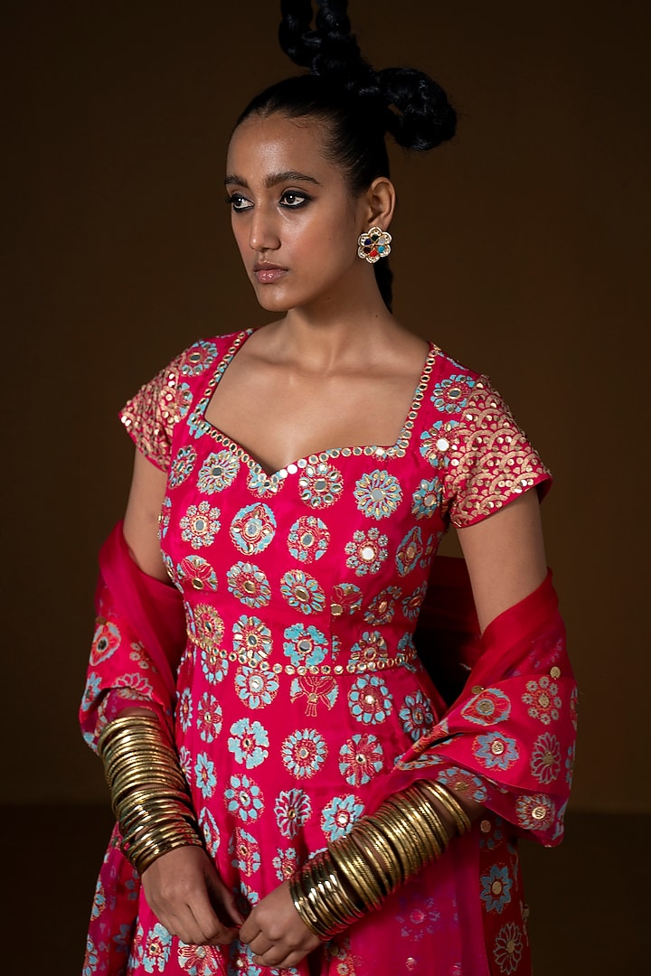 Fuchsia & Red Ombre Summer Silk Printed Wedding Anarkali Set by POOJA RAJGARHIA GUPTA at Pernia's Pop Up Shop