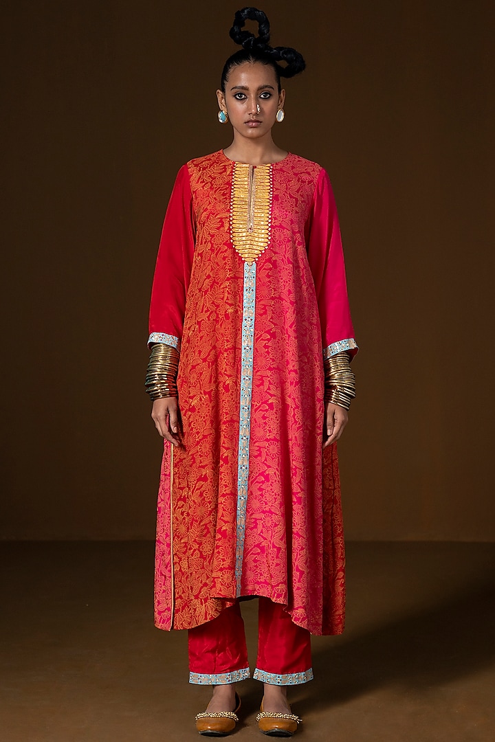 Fuchsia & Red Summer Silk Printed & Embroidered Kurta Set by POOJA RAJGARHIA GUPTA