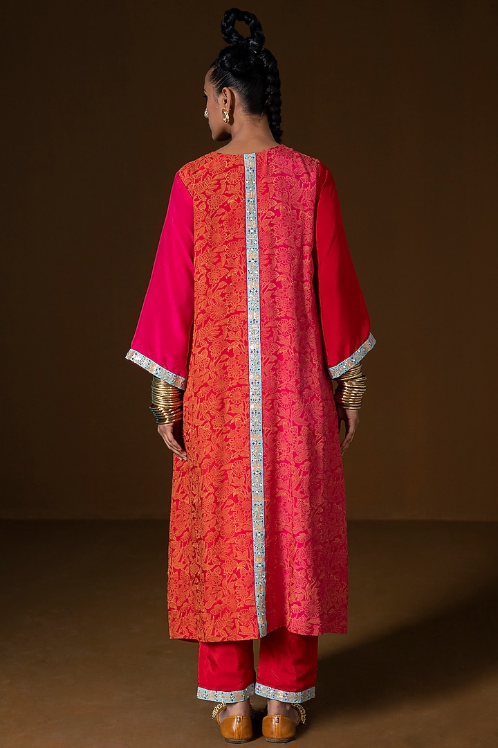 Fuchsia & Red Summer Silk Printed & Embroidered Kurta Set by POOJA RAJGARHIA GUPTA at Pernia's Pop Up Shop