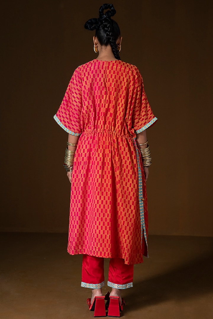 Fuchsia & Red Summer Silk Printed & Embroidered Kaftan Set by POOJA RAJGARHIA GUPTA at Pernia's Pop Up Shop
