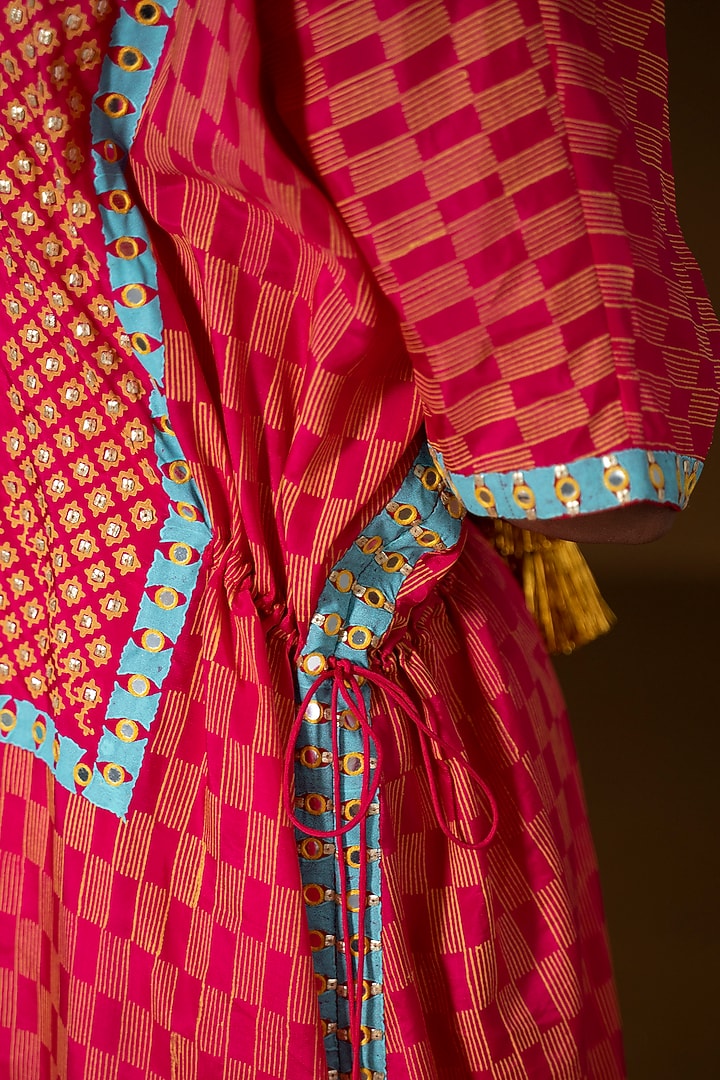 Fuchsia & Red Summer Silk Printed & Embroidered Kaftan Set by POOJA RAJGARHIA GUPTA at Pernia's Pop Up Shop