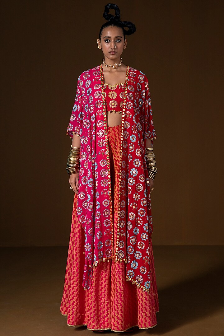 Red Summer Silk Printed Sharara Set by POOJA RAJGARHIA GUPTA