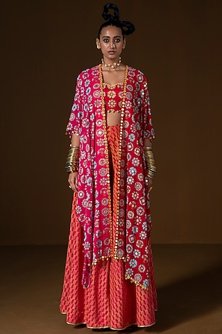 Red Summer Silk Printed Sharara Set by POOJA RAJGARHIA GUPTA