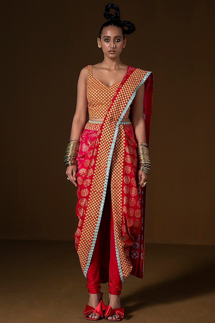 Fuchsia & Red Ombre Summer Silk Embroidered Pre-Draped Saree Set by POOJA RAJGARHIA GUPTA