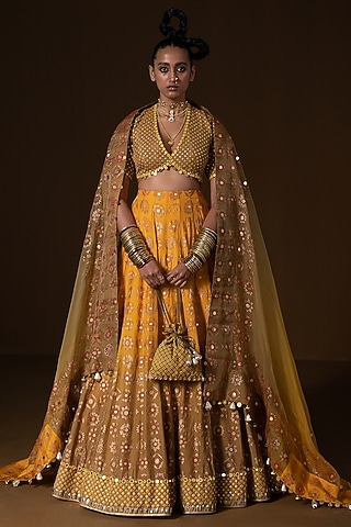 Mustard & Olive Summer Silk Printed & Embroidered Lehenga Set by POOJA RAJGARHIA GUPTA