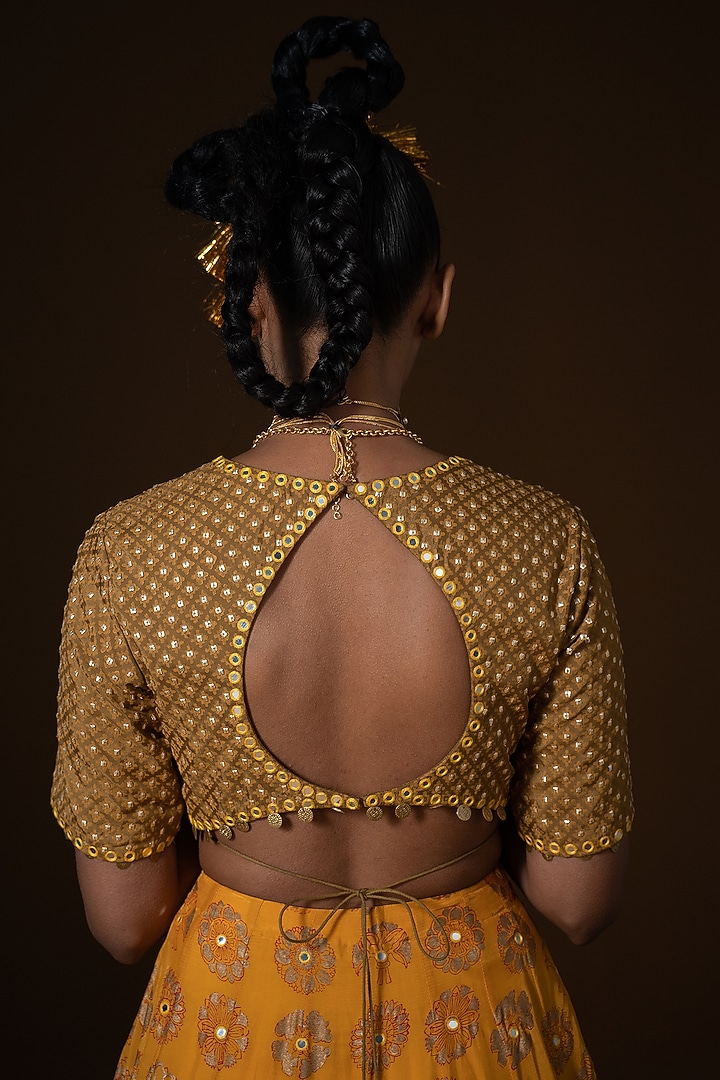 Mustard & Olive Summer Silk Printed & Embroidered Wedding Lehenga Set by POOJA RAJGARHIA GUPTA at Pernia's Pop Up Shop