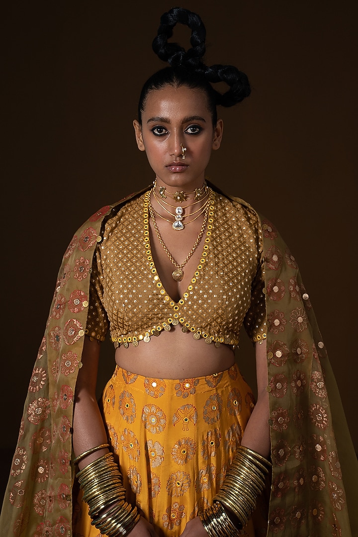 Mustard & Olive Summer Silk Printed & Embroidered Wedding Lehenga Set by POOJA RAJGARHIA GUPTA at Pernia's Pop Up Shop