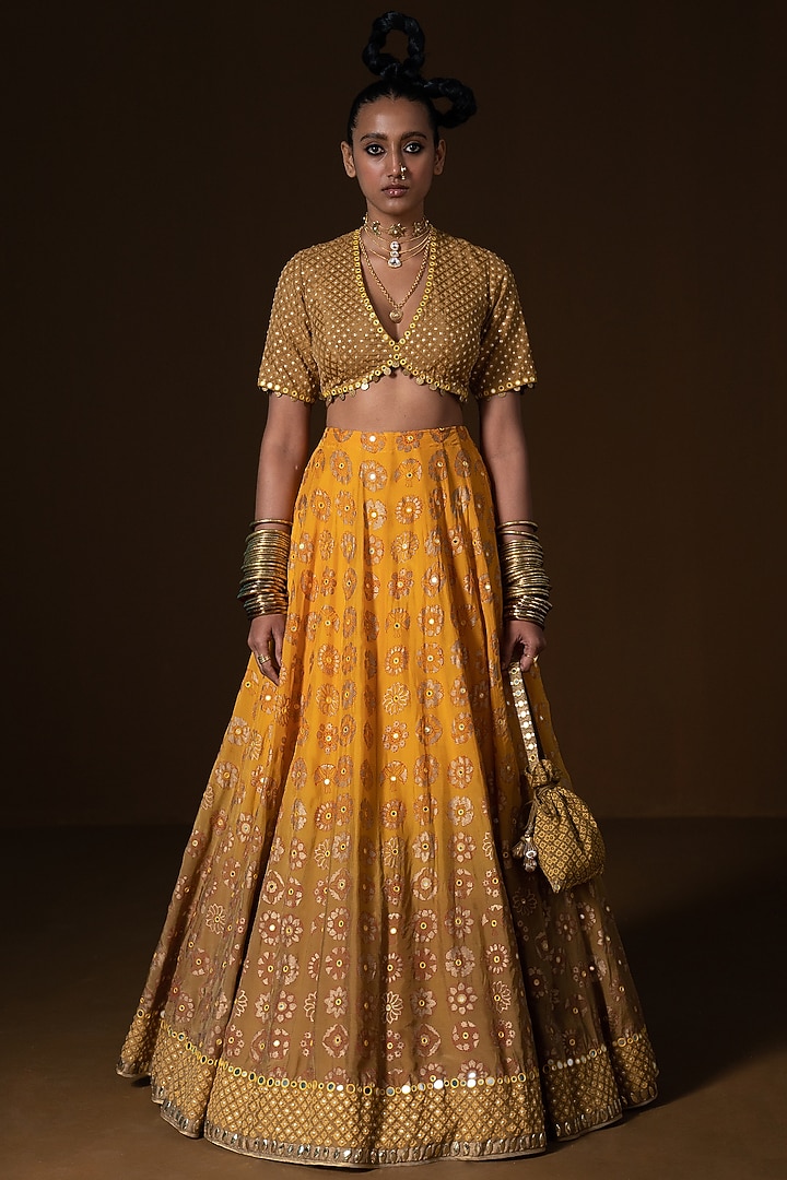 Mustard & Olive Summer Silk Printed & Embroidered Wedding Lehenga Set by POOJA RAJGARHIA GUPTA at Pernia's Pop Up Shop