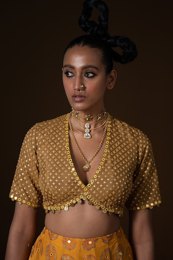 Mustard & Olive Summer Silk Printed & Embroidered Wedding Lehenga Set by POOJA RAJGARHIA GUPTA at Pernia's Pop Up Shop
