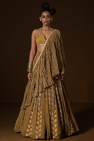 Olive Flat Chiffon Printed & Embroidered Lehenga Set by POOJA RAJGARHIA GUPTA