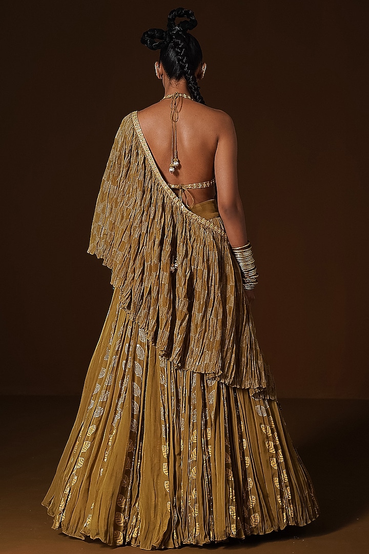 Olive Flat Chiffon Printed & Embroidered Wedding Lehenga Set by POOJA RAJGARHIA GUPTA at Pernia's Pop Up Shop