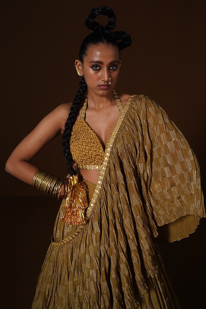 Olive Flat Chiffon Printed & Embroidered Wedding Lehenga Set by POOJA RAJGARHIA GUPTA at Pernia's Pop Up Shop