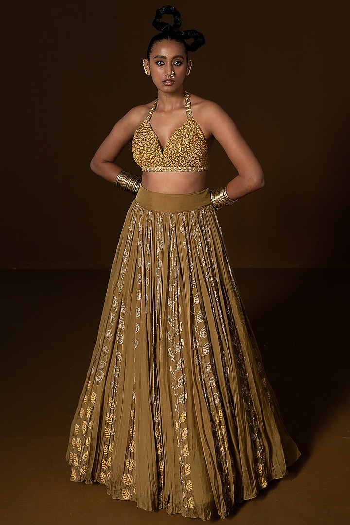 Olive Flat Chiffon Printed & Embroidered Wedding Lehenga Set by POOJA RAJGARHIA GUPTA at Pernia's Pop Up Shop