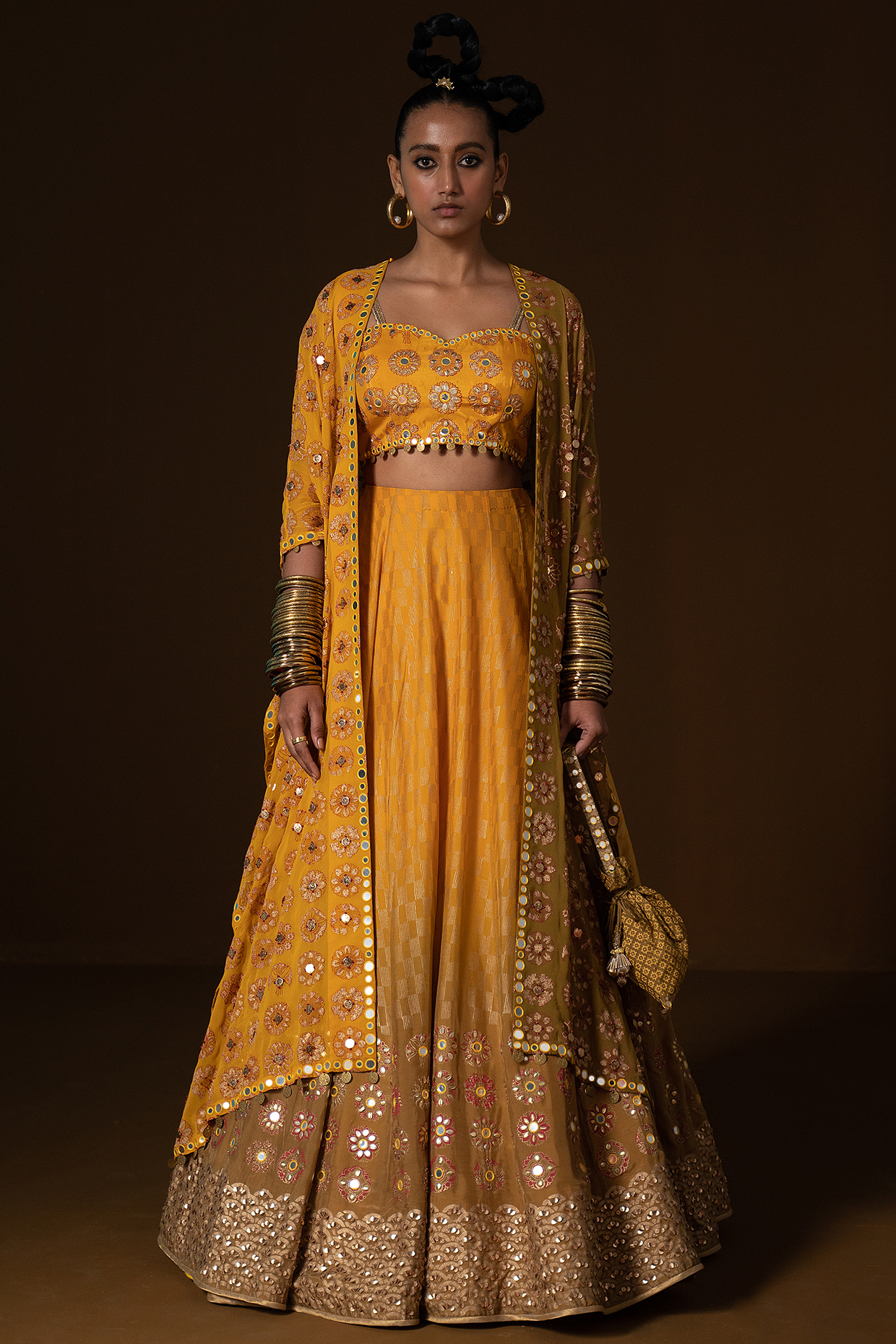 Mustard & Olive Ombre Summer Silk Embroidered Jacket Lehenga Set by POOJA RAJGARHIA GUPTA