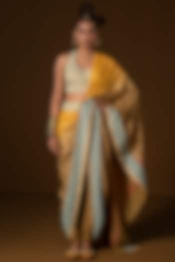 Olive & Mustard Summer Silk Embroidered Pre-Draped Saree Set by POOJA RAJGARHIA GUPTA