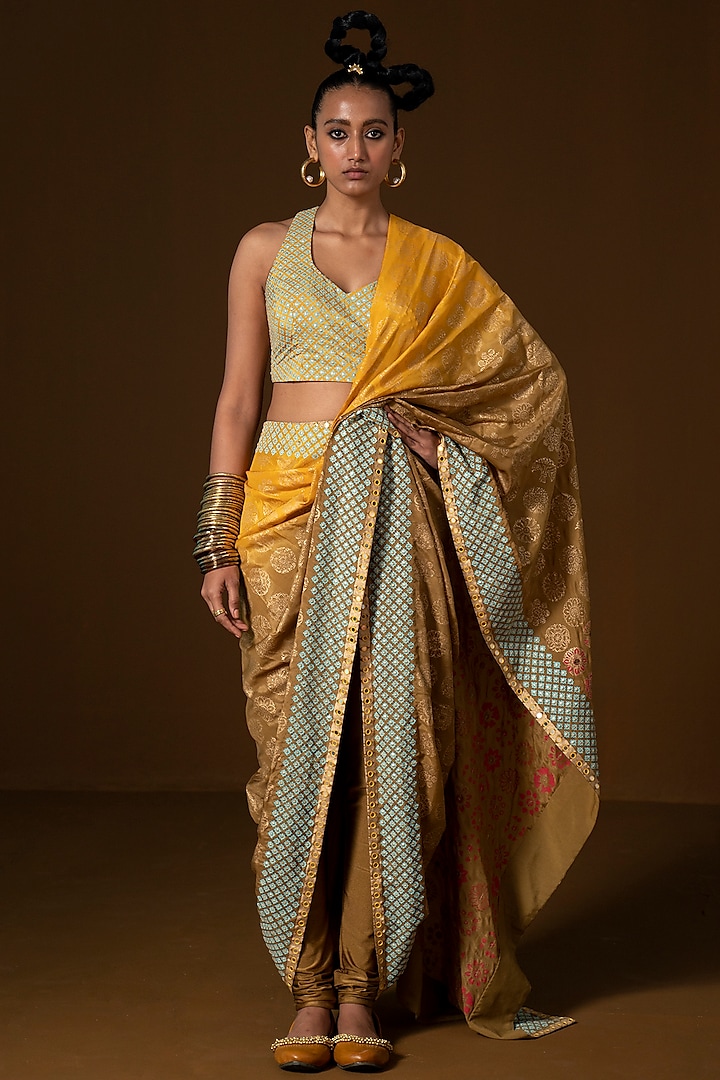 Olive & Mustard Summer Silk Embroidered Pre-Draped Saree Set by POOJA RAJGARHIA GUPTA