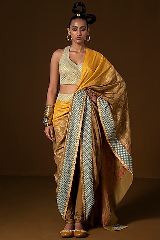 Olive & Mustard Summer Silk Embroidered Pre-Draped Saree Set by POOJA RAJGARHIA GUPTA