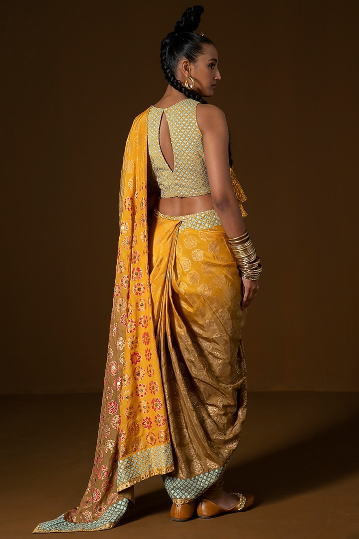 Olive & Mustard Summer Silk Embroidered Pre-Draped Wedding Saree Set by POOJA RAJGARHIA GUPTA at Pernia's Pop Up Shop