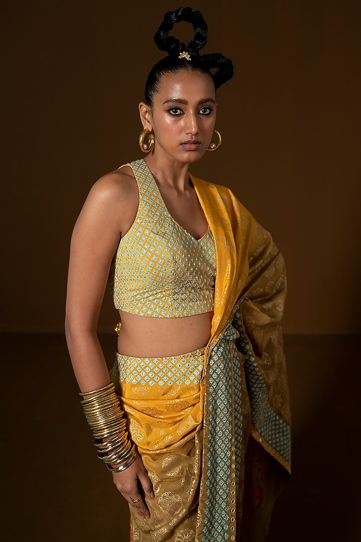 Olive & Mustard Summer Silk Embroidered Pre-Draped Wedding Saree Set by POOJA RAJGARHIA GUPTA at Pernia's Pop Up Shop
