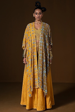 Olive & Mustard Ombre Summer Silk Printed Sharara Set by POOJA RAJGARHIA GUPTA