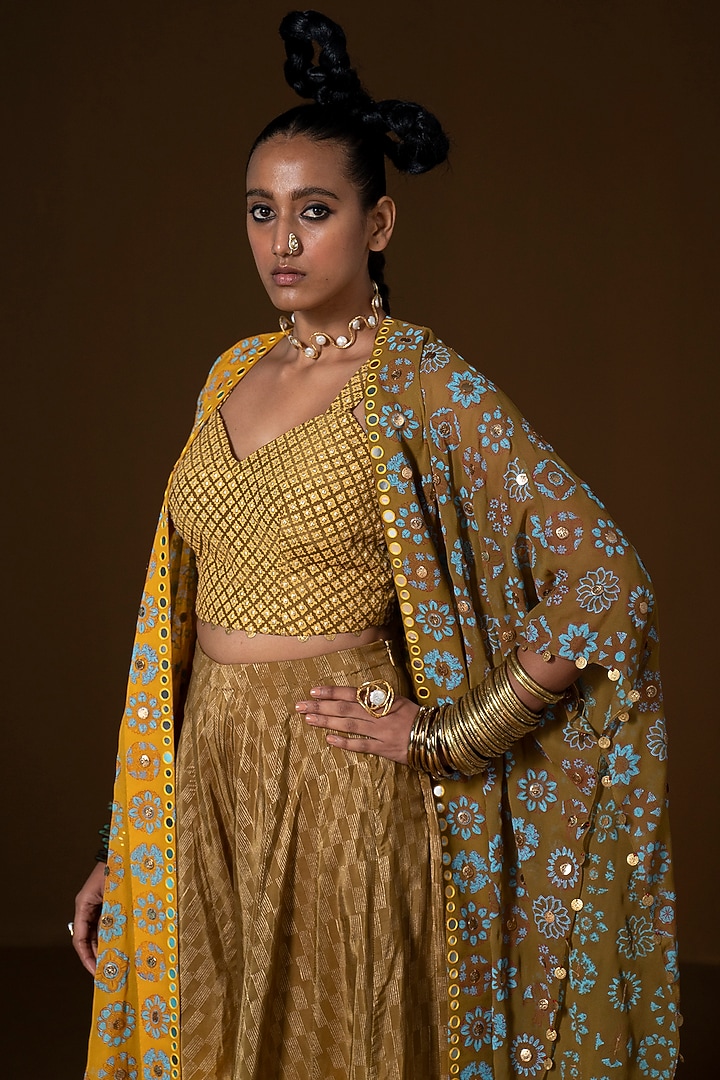 Olive & Mustard Ombre Summer Silk Printed Wedding Sharara Set by POOJA RAJGARHIA GUPTA at Pernia's Pop Up Shop
