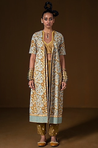 Olive Summer Silk Embroidered Jacket Set by POOJA RAJGARHIA GUPTA