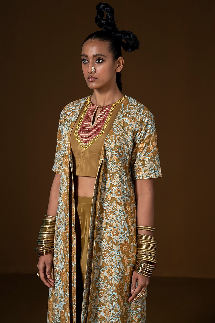 Olive Summer Silk Embroidered Jacket Set by POOJA RAJGARHIA GUPTA at Pernia's Pop Up Shop