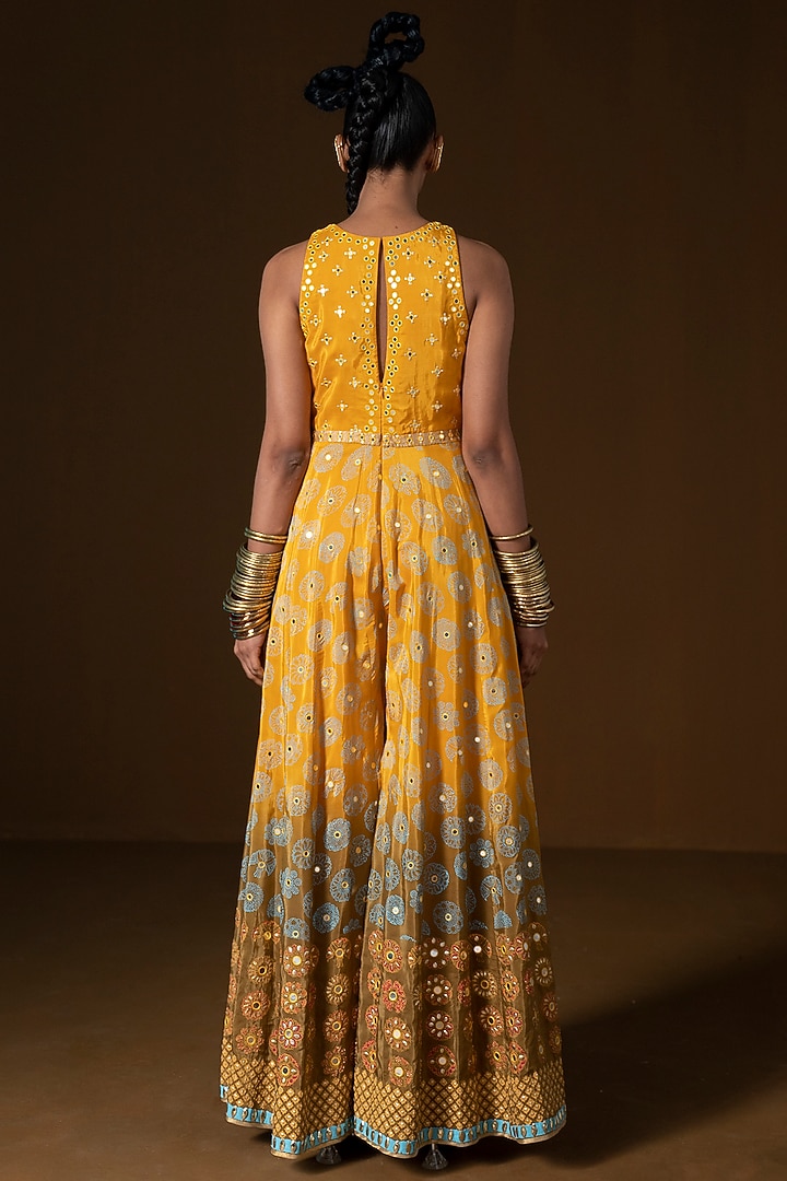 Mustard & Olive Ombre Summer Silk Printed Jumpsuit by POOJA RAJGARHIA GUPTA at Pernia's Pop Up Shop