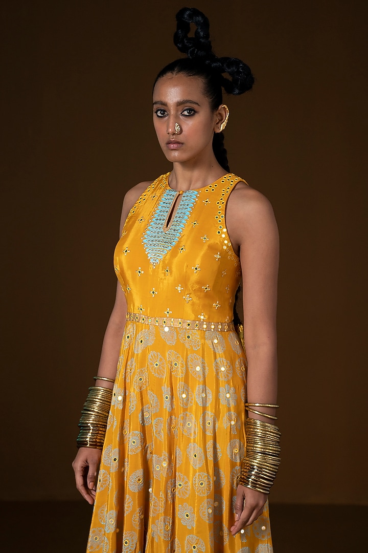 Mustard & Olive Ombre Summer Silk Printed Jumpsuit by POOJA RAJGARHIA GUPTA at Pernia's Pop Up Shop
