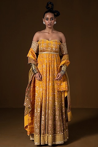 Mustard & Olive Ombre Summer Silk Printed Anarkali Set by POOJA RAJGARHIA GUPTA