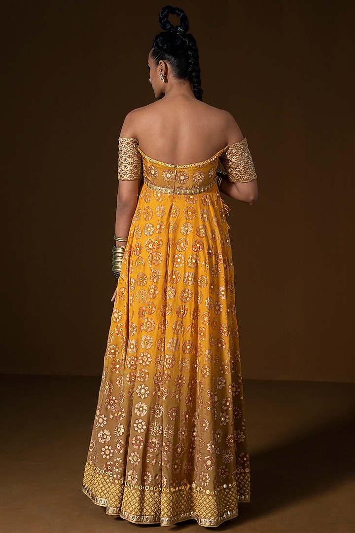 Mustard & Olive Ombre Summer Silk Printed Wedding Anarkali Set by POOJA RAJGARHIA GUPTA at Pernia's Pop Up Shop