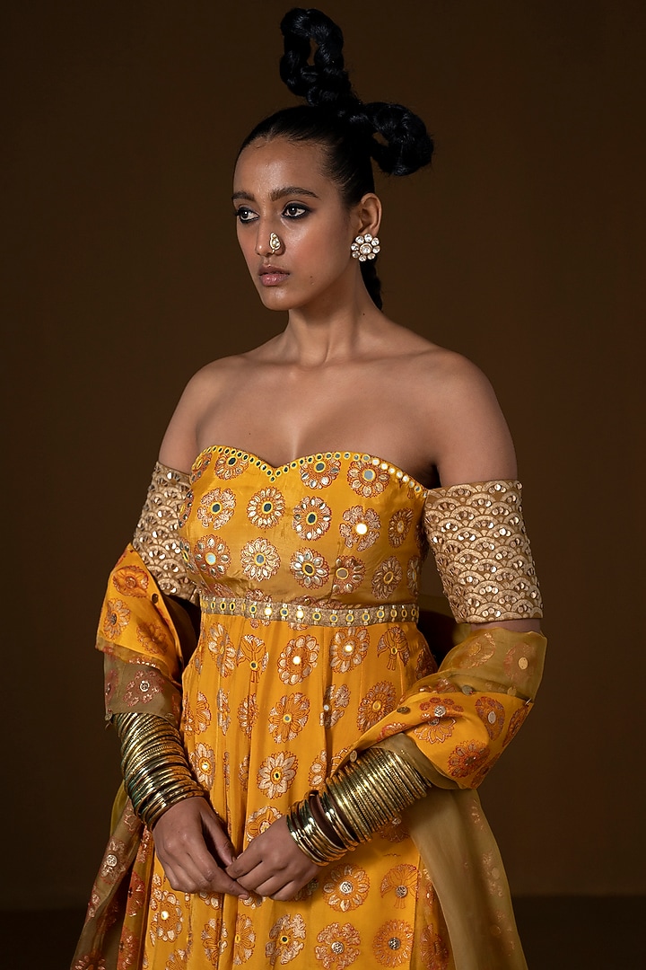 Mustard & Olive Ombre Summer Silk Printed Wedding Anarkali Set by POOJA RAJGARHIA GUPTA at Pernia's Pop Up Shop