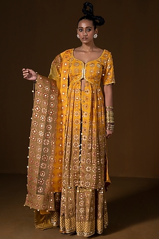 Mustard & Olive Ombre Summer Silk Embroidered Sharara Set by POOJA RAJGARHIA GUPTA