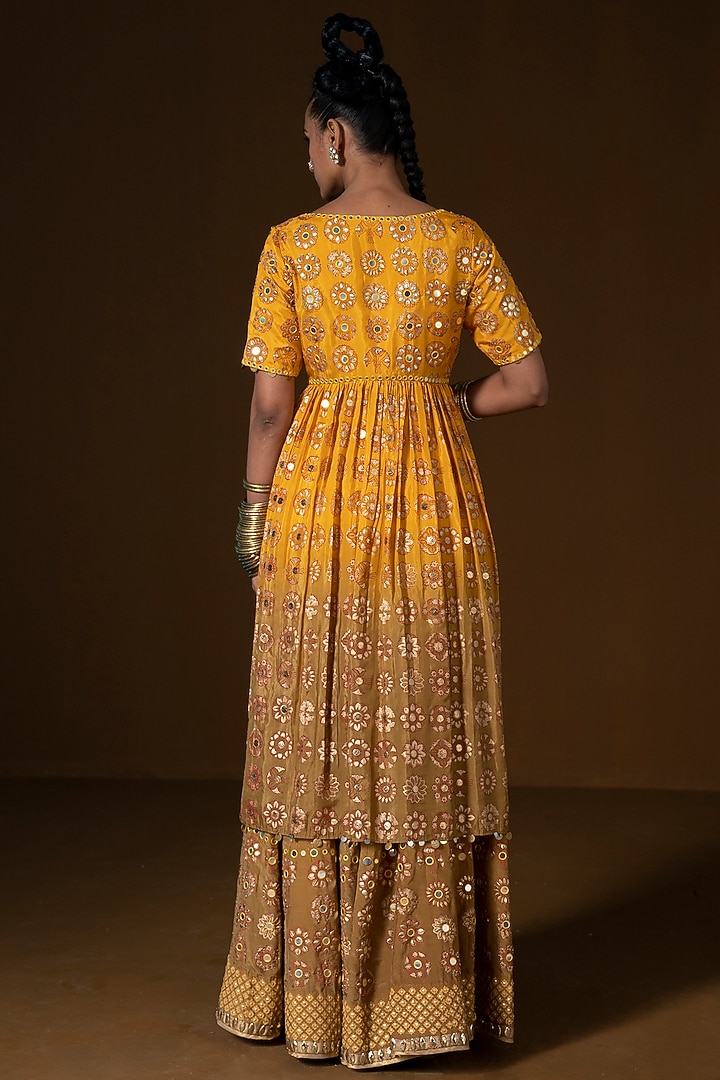 Mustard & Olive Ombre Summer Silk Embroidered Wedding Sharara Set by POOJA RAJGARHIA GUPTA at Pernia's Pop Up Shop