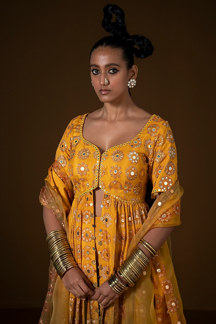 Mustard & Olive Ombre Summer Silk Embroidered Wedding Sharara Set by POOJA RAJGARHIA GUPTA at Pernia's Pop Up Shop