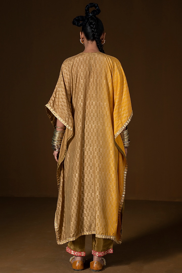 Mustard & Olive Ombre Summer Silk Embroidered Kaftan Set by POOJA RAJGARHIA GUPTA at Pernia's Pop Up Shop