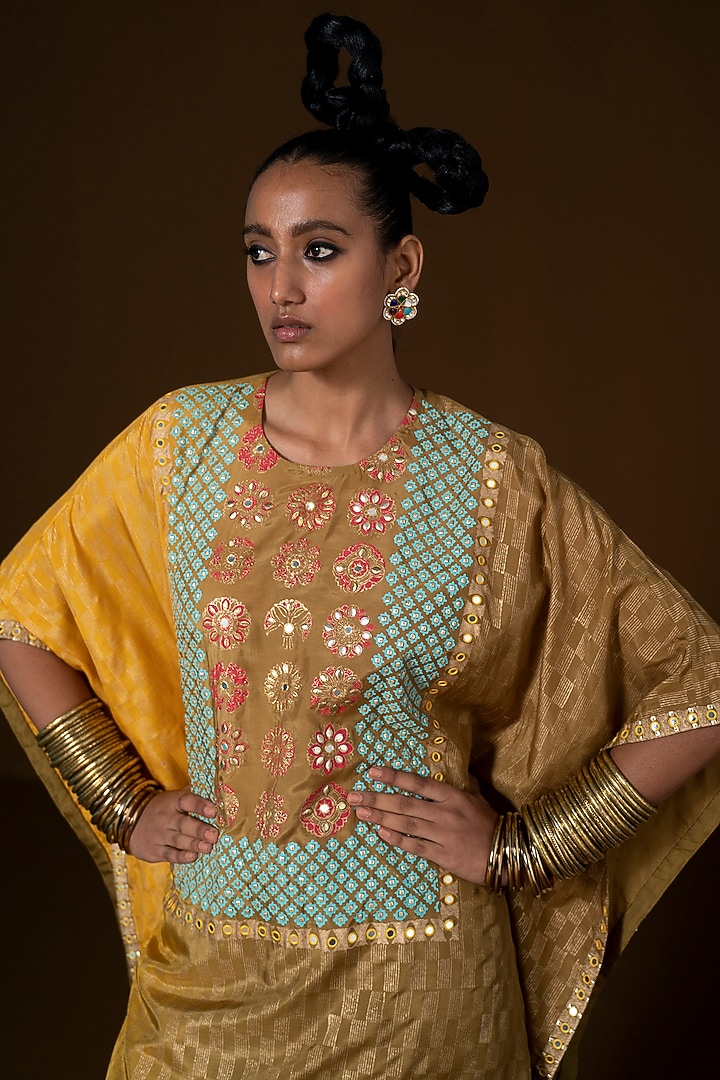 Mustard & Olive Ombre Summer Silk Embroidered Kaftan Set by POOJA RAJGARHIA GUPTA at Pernia's Pop Up Shop