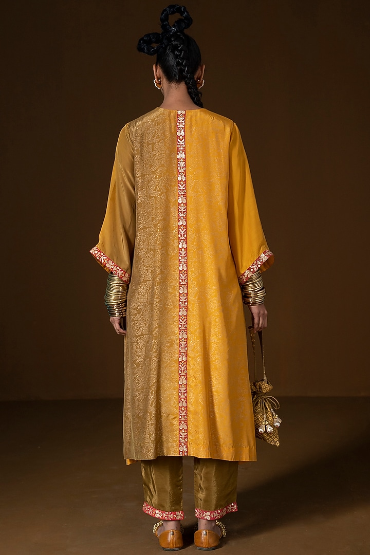 Mustard & Olive Summer Silk Printed & Embroidered Kurta Set by POOJA RAJGARHIA GUPTA at Pernia's Pop Up Shop