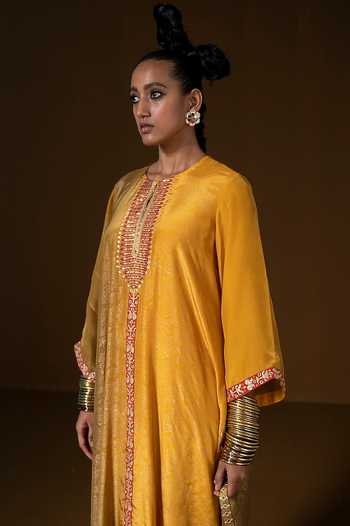 Mustard & Olive Summer Silk Printed & Embroidered Kurta Set by POOJA RAJGARHIA GUPTA at Pernia's Pop Up Shop