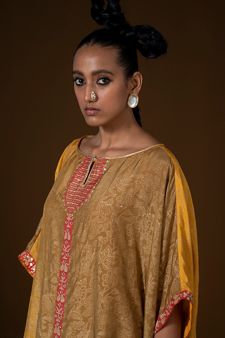 Mustard & Olive Ombre Embroidered Kaftan Set by POOJA RAJGARHIA GUPTA at Pernia's Pop Up Shop