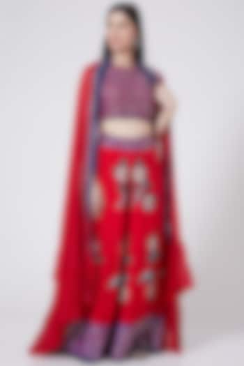 Red Crepe Floral Printed & Hand Embroidered Gharara Set by POOJA RAJGARHIA GUPTA at Pernia's Pop Up Shop