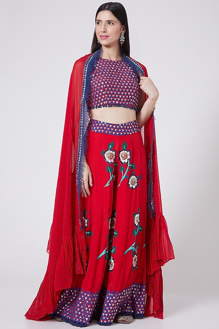 Red Crepe Floral Printed & Hand Embroidered Gharara Set by POOJA RAJGARHIA GUPTA at Pernia's Pop Up Shop