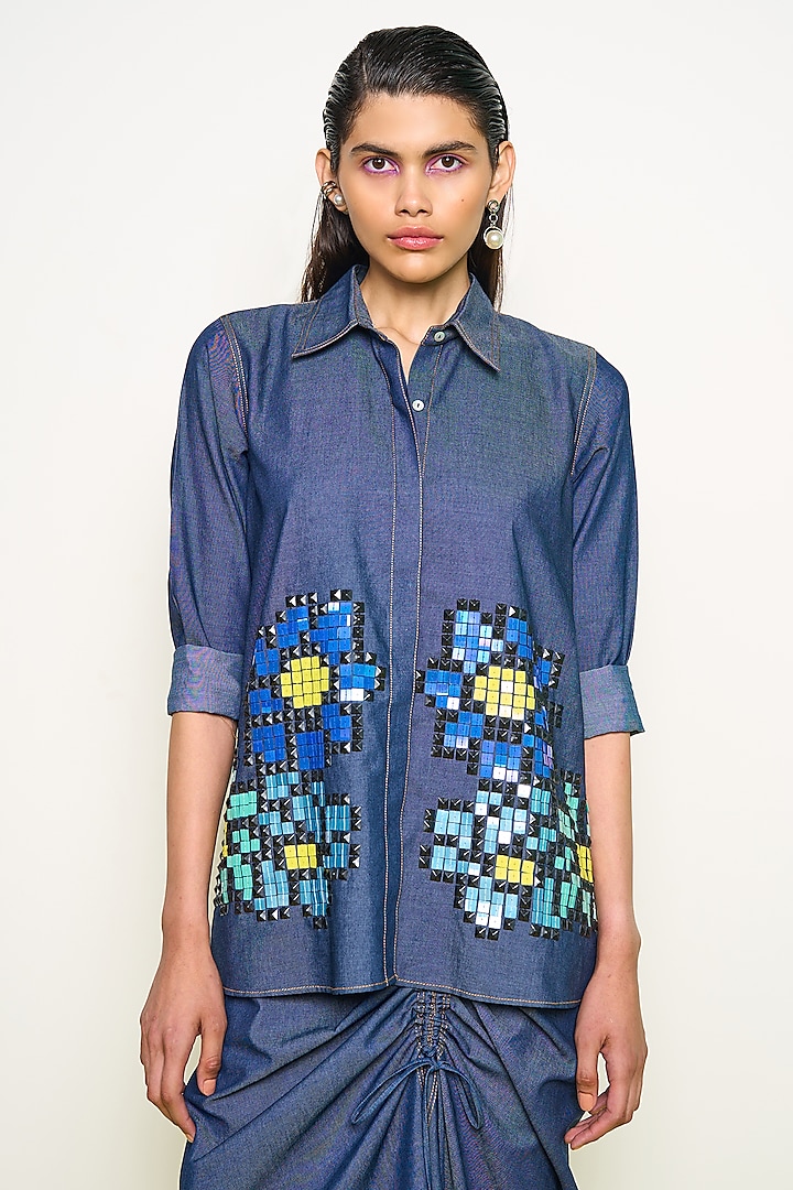 Blue Denim Hand Embroidered Shirt by POOJA RAJGARHIA GUPTA